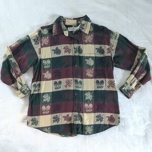 VTG Dress Barn Plaid‎ Fall Leaf Fruit Print Long Sleeve Button Up Women's Shirt